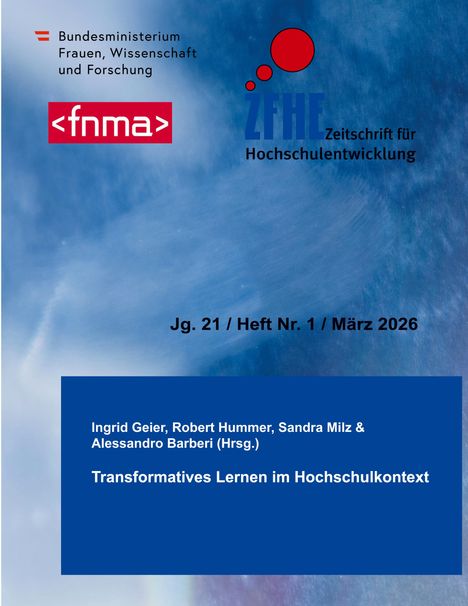 Zeitschriftentitel: "Transformatives Lernen im Hochschulkontext", März 2026. Logos und wissenschaftlicher Kontext auf blauen Hintergrund.