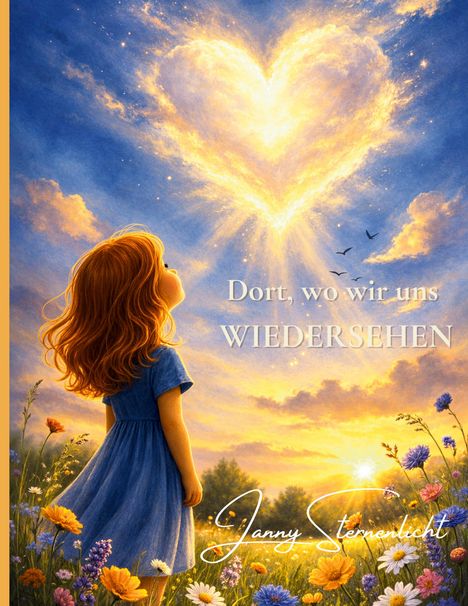 Text: "Dort, wo wir uns WIEDERSEHEN". Ein Mädchen blickt zum Himmel, wo Wolken ein leuchtendes Herz formen.