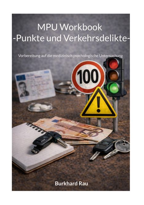 MPU Workbook „Punkte und Verkehrsdelikte“. Verkehrszeichen, Ampel, Geldscheine, Autoschlüssel, Notizbuch, ID-Karte.