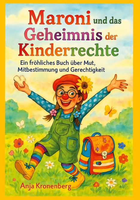"Maroni und das Geheimnis der Kinderrechte. Ein fröhliches Buch über Mut, Mitbestimmung und Gerechtigkeit." Ein fröhliches Kind in bunter Kleidung auf einer Blumenwiese.