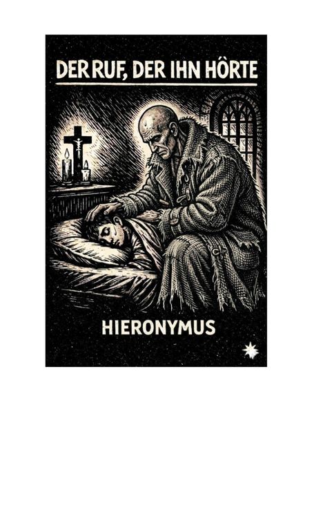 „DER RUF, DER IHN HÖRTE. HIERONYMUS.“ Illustration eines Mannes am Bett eines Kindes bei Kerzenlicht.