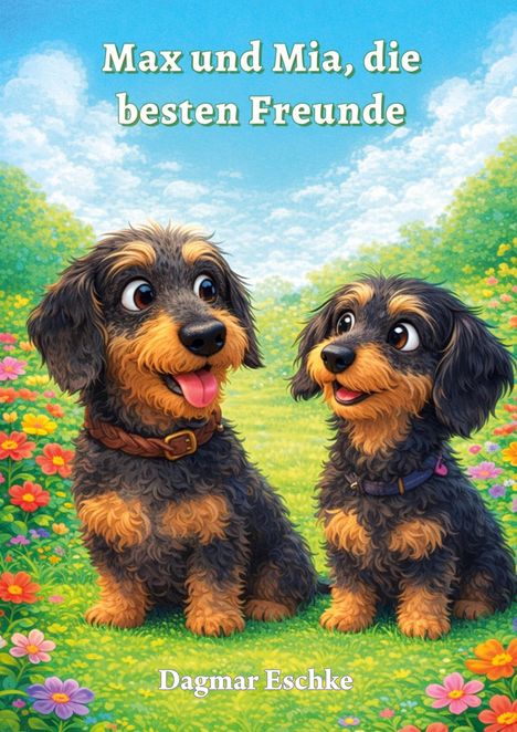 „Max und Mia, die besten Freunde“ von Dagmar Eschke. Zwei fröhliche Hunde in einer blühenden Wiese.