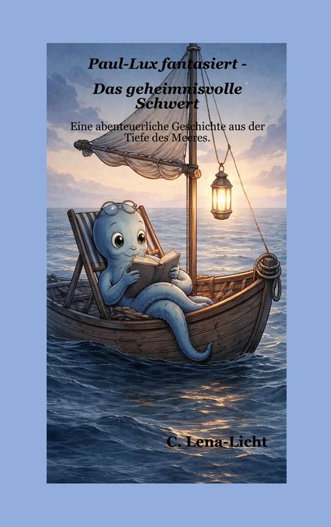 Text: "Paul-Lux fantasiert - Das geheimnisvolle Schwert. Eine abenteuerliche Geschichte aus der Tiefe des Meeres. C. Lena-Licht."

Illustration: Ein freundliches, blaues Oktopuswesen liest in einem Boot bei Laternenlicht auf ruhiger See.