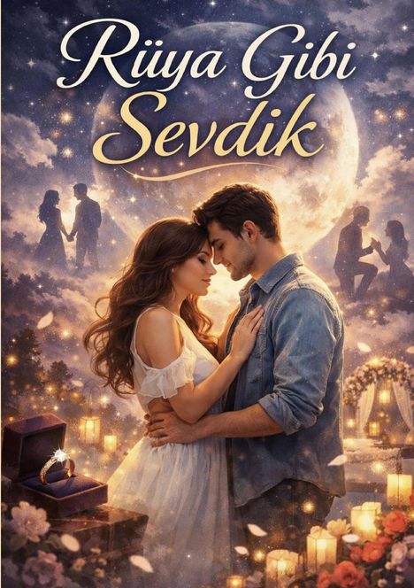 "Rüya Gibi Sevdik" und "Ayşenur Erdaş" stehen oben und unten. Paar umarmt sich, romantische Kulisse mit Mond und Kerzen.