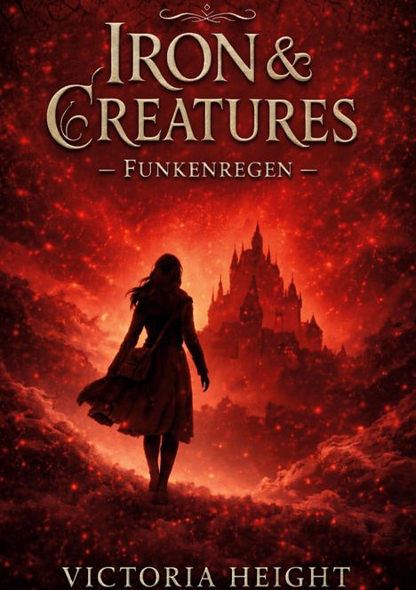 "Iron & Creatures — Funkenregen" und "Victoria Height" stehen vor einer Burgsilhouette in rotem Funkenhimmel.