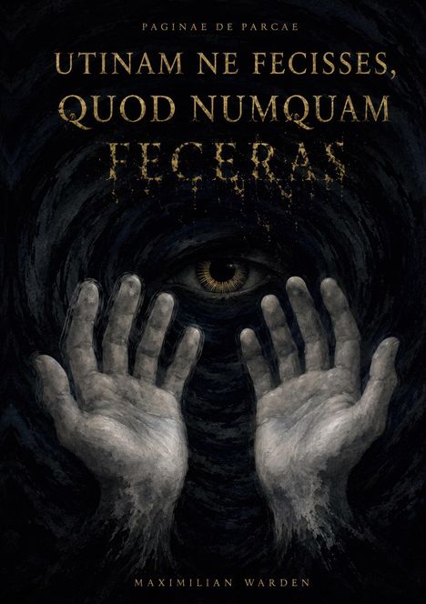 "UTINAM NE FECISSES, QUOD NUMQUAM FECERAS." Dunkle Illustration mit einem großen Auge und zwei erhobenen Händen.