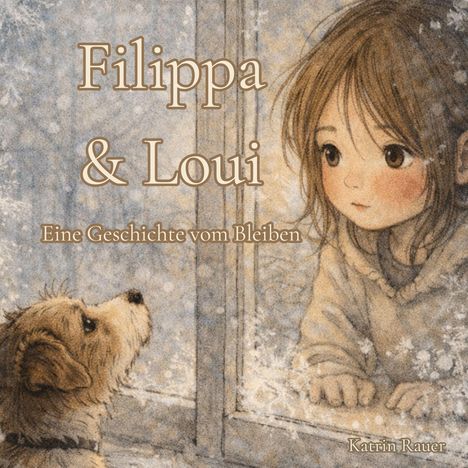 „Filippa & Loui: Eine Geschichte vom Bleiben“ steht in großer Schrift. Illustration eines Kindes und Hundes am Fenster.