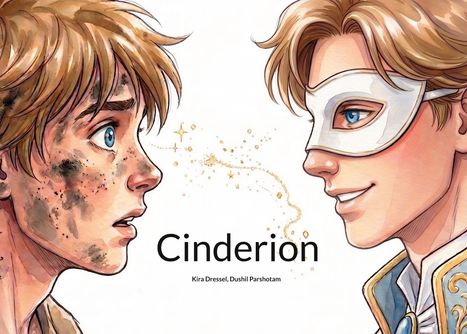 "Cinderion", darunter "Kira Dressel, Dushil Parshotam". Ein junger Mann mit schmutzigem Gesicht blickt zu einem anderen im Maske. Goldener Glanz verbindet sie.
