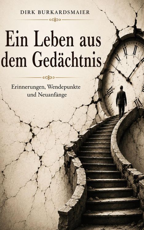 „Ein Leben aus dem Gedächtnis. die Zeit geht – Erinnerungen bleiben. Erinnerungen, Erfahrungen und ein Neuanfang“ zeigt eine Person, die eine Treppe in eine zerbrochene Uhr hinaufsteigt.