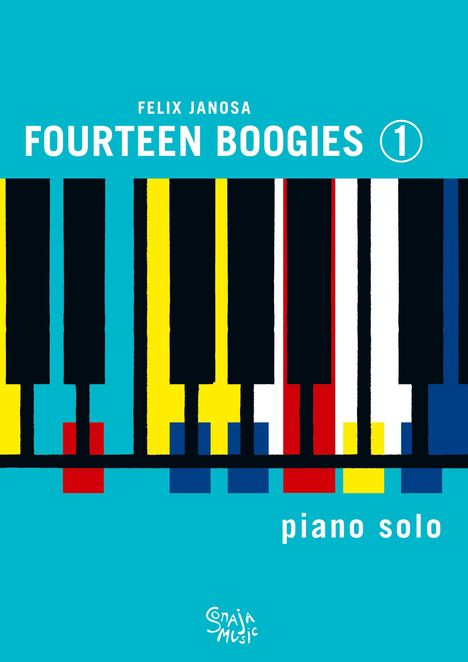Text: „Felix Janosa, Fourteen Boogies 1, piano solo“. Illustration: Bunte Klaviertasten auf türkisem Hintergrund.