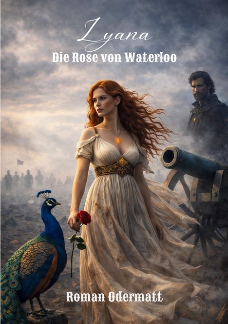 "Lyana: Die Rose von Waterloo" und "Roman Odermatt". Frau mit rotem Haar, Rose in der Hand, Pfau und Kanone, dramatischer Himmel.