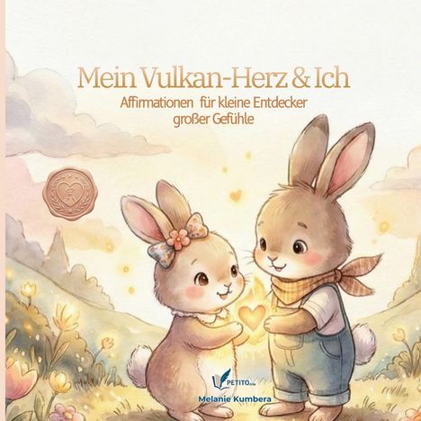 "Mein Vulkan-Herz & Ich. Affirmationen für kleine Entdecker großer Gefühle." Zwei Hasen in einer idyllischen Landschaft.