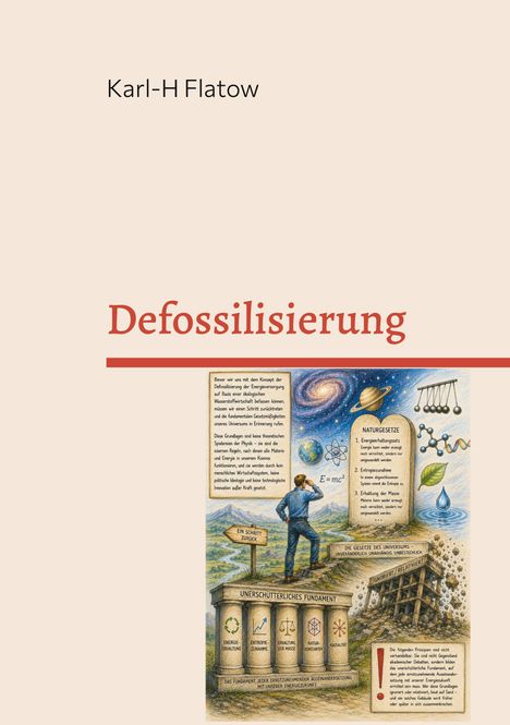 Titel: Defossilisierung. Autor: Karl-H Flatow. Illustration mit Naturgesetzen und wissenschaftlichen Symbolen.