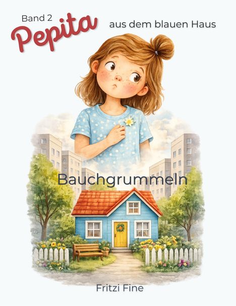 Text: "Band 2 Pepita aus dem blauen Haus", "Bauchgrummeln", "Fritzi Fine". Illustration: Mädchen vor blauem Haus mit rotem Dach.