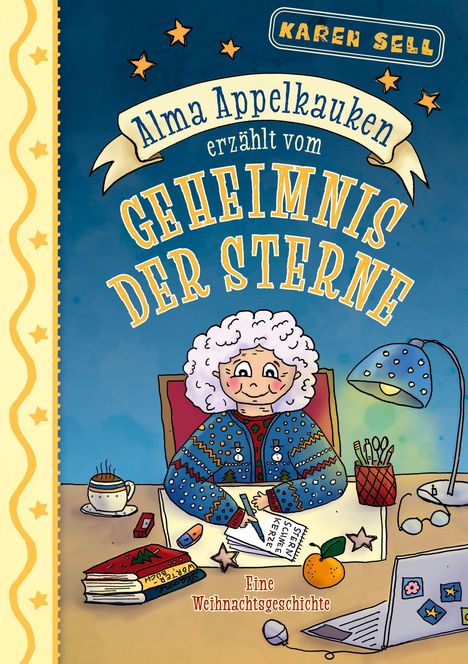 "Alma Appelkauken erzählt vom Geheimnis der Sterne" und "Eine Weihnachtsgeschichte". Illustration: Frau am Tisch.