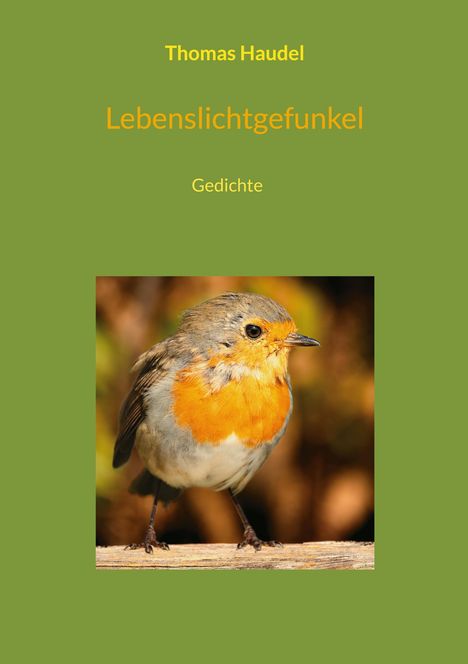Oben steht: "Thomas Haudel". Darunter: "Lebenslichtgefunkel" und "Gedichte". Ein Rotkehlchen sitzt auf einem Ast.