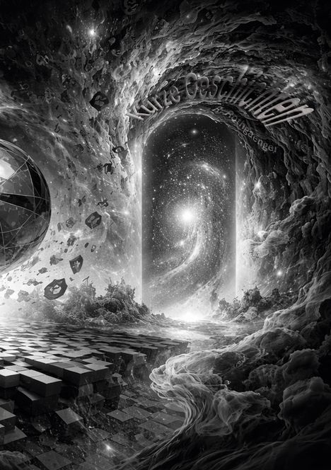 "Kurze Geschichten" schwebt über einer kosmischen Szenerie mit Galaxie, abstrakten Formen und einer kugelförmigen Struktur.