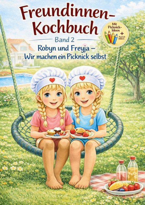 „Freundinnen-Kochbuch Band 2: Robyn und Freyja – Wir machen ein Picknick selbst“. Zwei Mädchen schaukeln mit Tellern voller Essen.