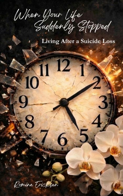 "When Your Life Suddenly Stopped: Living After a Suicide Loss". Alte Uhr mit gebrochener Oberfläche, umgeben von Glasscherben und weißen Orchideen.