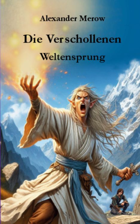 Alexander Merow, Die Verschollenen, Weltensprung. Fantasiewesen mit weißem Gewand, erhobener Hand, Berglandschaft im Hintergrund.