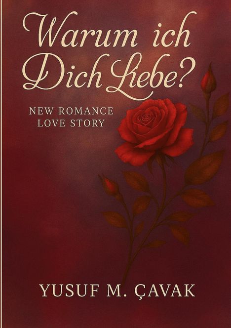 "Warum ich Dich Liebe?" steht oben. Darunter "NEW ROMANCE LOVE STORY". Unten "Yusuf M. Çavak". Illustration einer roten Rose.
