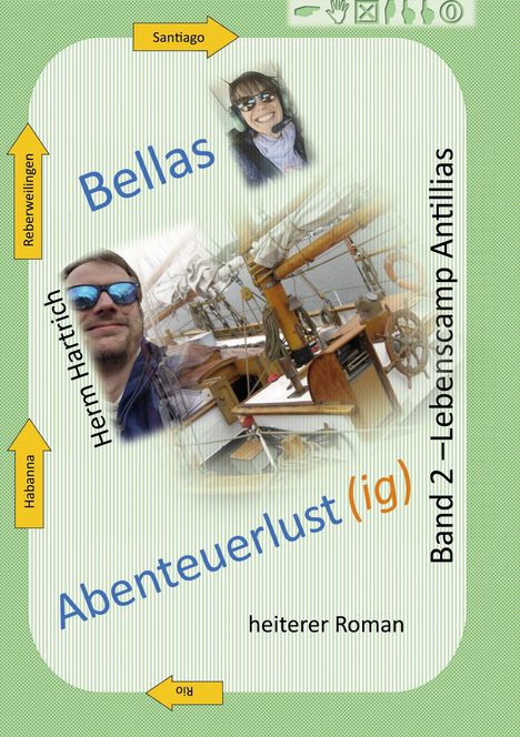 "Bellas Abenteuerlust (ig)", "Band 2 – Lebenscamp Antillias", "heit/ Maui", "Reberweijingen", "Santiago", "Habanna", "Rio". Oben ein schwebendes Lächeln im Sonnenlicht. 