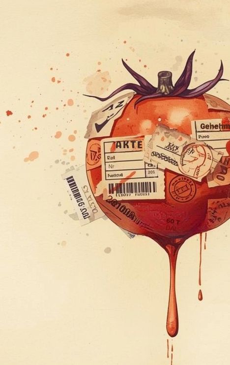 Texte: "AKTE", "Geheim", "Bes. Nr." Eine Illustration zeigt eine Tomate mit Etiketten und Stempeln, die Saft tropft.