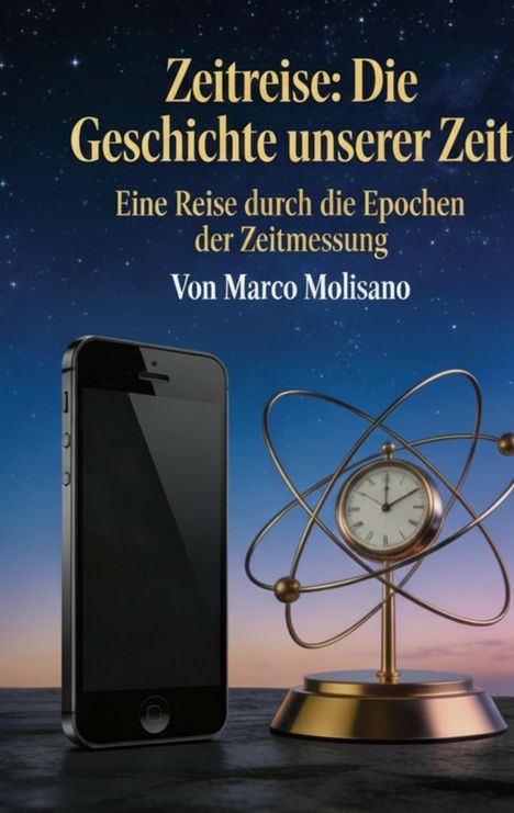 Aufschrift: "Zeitreise: Die Geschichte unserer Zeit". Smartphone und Uhr in atomarem Design vor Sternenhimmel.