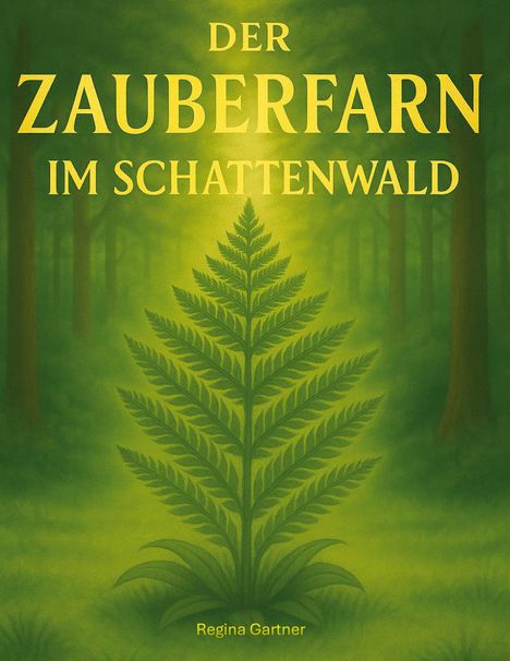 Text: „Der Zauberfarn im Schattenwald“. Eine große Farnpflanze in einem grünen, nebligen Wald. Name: Regina Gartner.