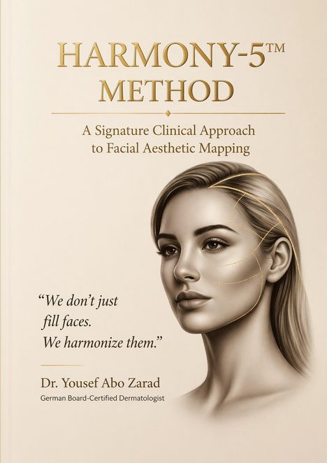 „HARMONY-5™ METHOD“, „A Signature Clinical Approach to Facial Aesthetic Mapping“. Illustration eines Gesichts mit Linien.