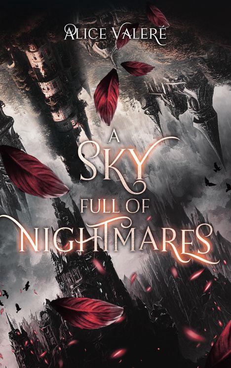 Titel: "A Sky Full of Nightmares". Rote Blätter schweben über einer düster gezeichneten, turmreichen Landschaft.