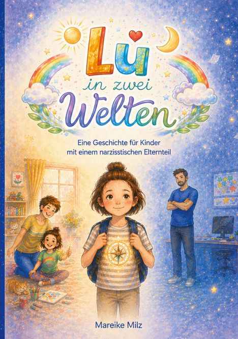 Text: "Lü in zwei Welten", "Eine Geschichte für Kinder mit einem narzisstischen Elternteil". Illustration eines Mädchens.