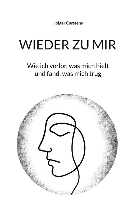 "Wieder zu mir. Wie ich verlor, was mich hielt und fand, was mich trug." Illustration eines Gesichts im Kreis.
