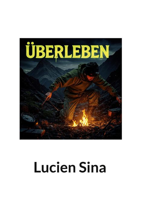 "ÜBERLEBEN" in großen Buchstaben oben, darunter "Lucien Sina". Ein Mann entzündet ein Feuer in den Bergen.
