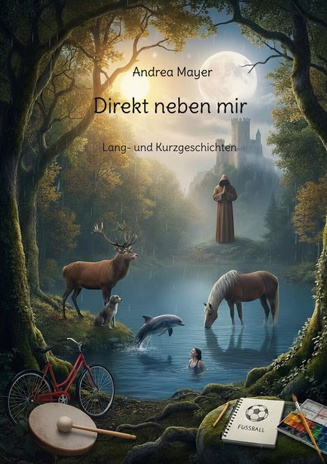 Text: „Andrea Mayer, Direkt neben mir, Lang- und Kurzgeschichten“. Illustratives Märchenbild mit Tieren in einem Waldsee.