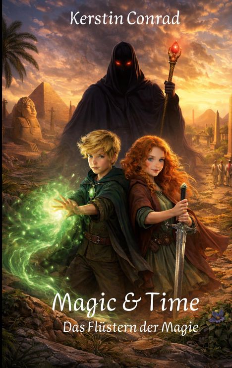 "Magic & Time: Das Flüstern der Magie" von Kerstin Conrad. Zwei Kinder in mittelalterlichen Gewändern, eins mit leuchtender Magie, das andere mit Schwert. Eine dunkle Gestalt mit roten Augen und Stab im Hintergrund.