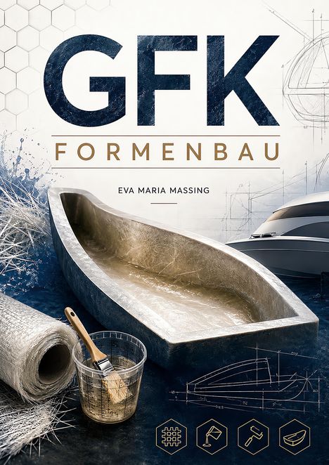 "GFK Formenbau", "Eva Maria Massing". Ein Boot, Pinsel im Becher, Glasfasermatte, blau-weiße techn. Zeichnungen.