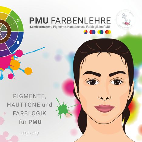 PMU Farbentabelle, Pigmente, Hauttöne und Farblogik. Illustration einer Frau mit Farbkreis und bunten Spritzern.