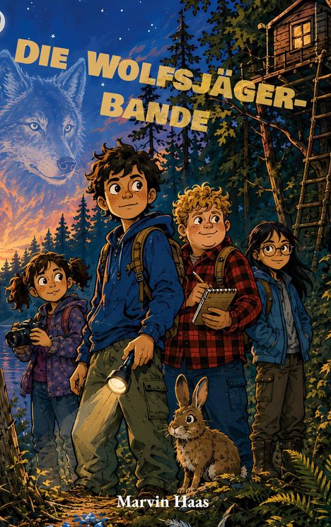 „DIE WOLFSJÄGER-BANDE“ steht in großen gelben Buchstaben. Kinder im Wald, eines mit Taschenlampe, ein Hase.