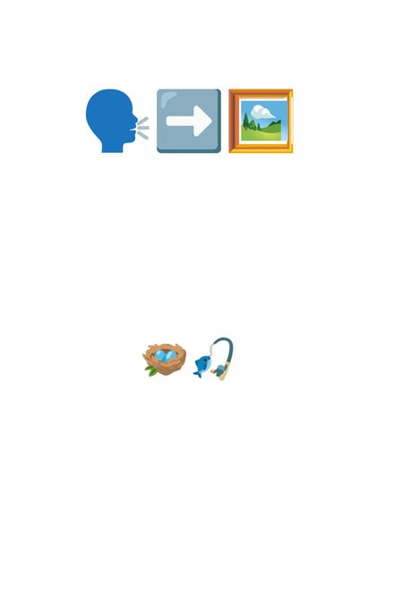 Sprechende Silhouette, Pfeil und Landschaftsbild. Unten Nest mit Eiern und Kopfhörer mit blauem Vogel.