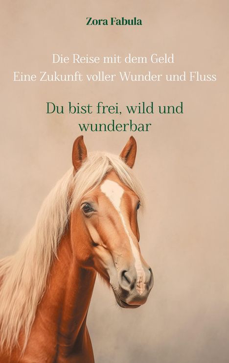 Oben steht "Zora Fabula". Texte beschreiben eine Reise und Freiheit. Ein braunes Pferd mit weißer Mähne ist darunter sichtbar.