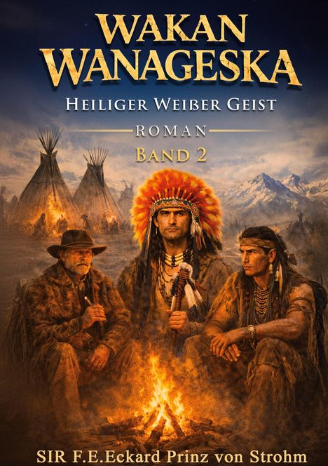 "Wakan Wanageska - Heiliger Weiber Geist. Roman Band 2." Drei Personen in Stammeskleidung um ein Feuer, Tipis im Hintergrund.