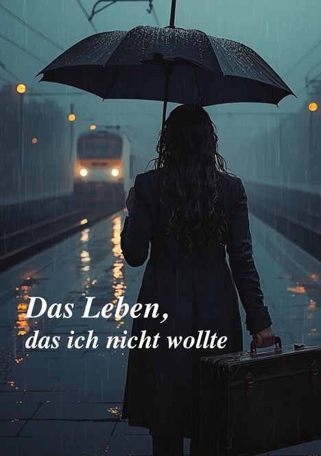 „Das Leben, das ich nicht wollte“. Eine Person steht im Regen mit Schirm am Bahnsteig, nächtlicher Zug in der Ferne.
