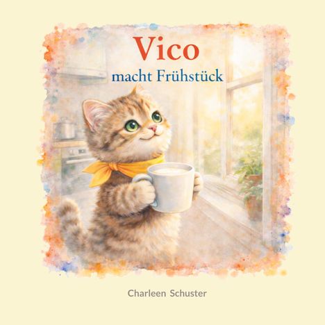 "Vico macht Frühstück" und "Charleen Schuster." Illustration: Katze mit gelbem Halstuch hält Tasse in sonniger Küche.