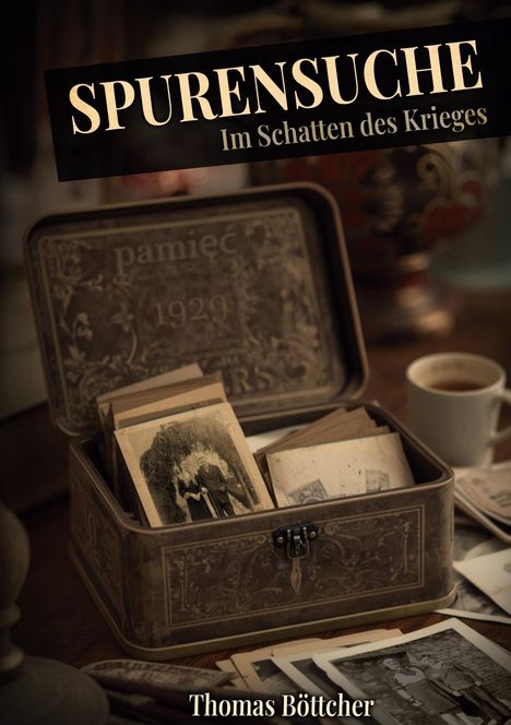 "SPURENSUCHE Im Schatten des Krieges" ist der Titel. Eine offene Blechdose mit alten Fotos, daneben eine Tasse Kaffee.