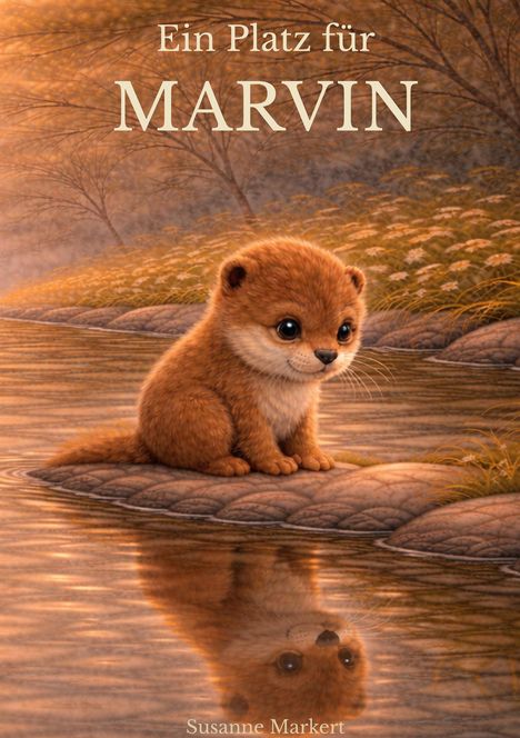 „Ein Platz für MARVIN“ steht oben. Ein niedlicher, pelziger Welpe sitzt nachdenklich auf einem Stein am Flussufer.