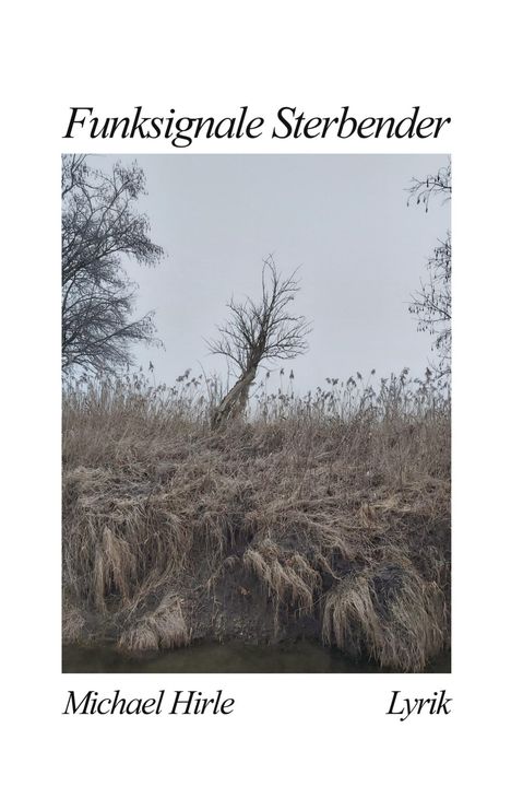 "Funksignale Sterbender. Michael Hirle. Lyrik." Ein einzelner kahler Baum steht auf einer winterlichen, grasbewachsenen Böschung.