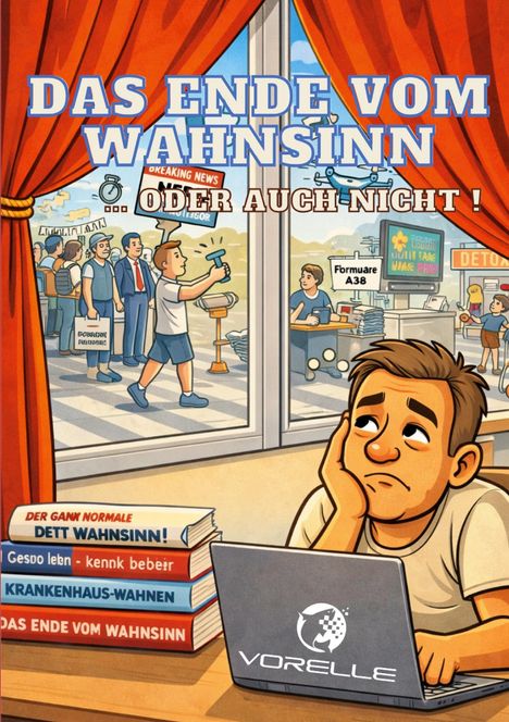Text: "DAS ENDE VOM WAHNSINN ...ODER AUCH NICHT!" Illustration eines nachdenklichen Mannes am Laptop, dahinter Chaos.