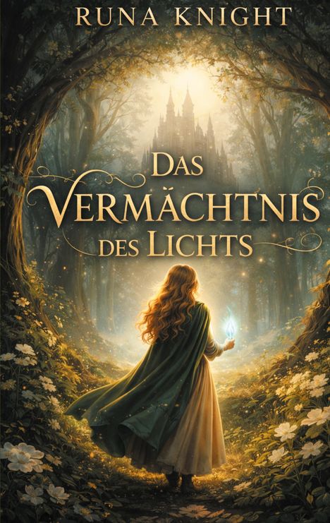 "Das Vermächtnis des Lichts" von Runa Knight. Eine Person mit leuchtendem Gegenstand geht durch einen Wald zu einem Schloss.