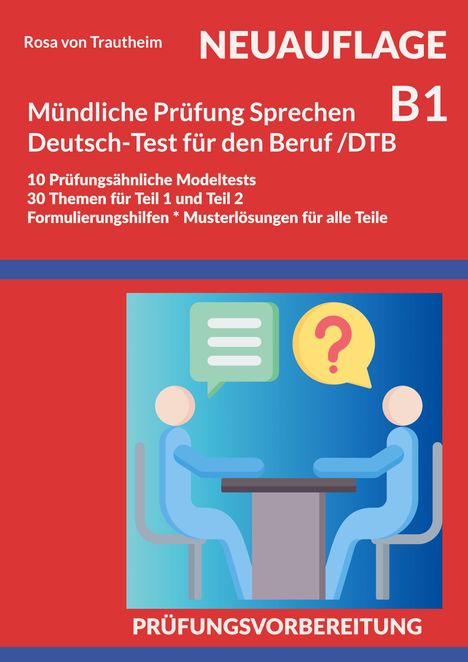 Texte: "NEUAUFLAGE", "B1", "Deutsch-Test für den Beruf". Illustration: Zwei Figuren am Tisch mit Sprechblasen.